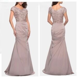 NEW LA FEMME Embroidered Bodice Ruched gown